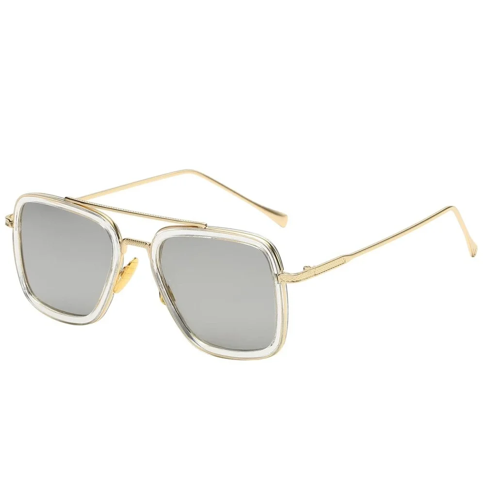 Mens Square Sunglasses Gold Clear Frame Silver Mirror Lens Fashion Design Classy